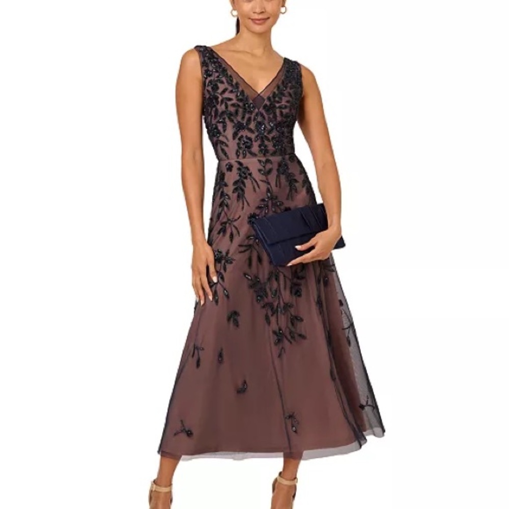 Adrianna Papell Beaded Floral V-Neck Sleeveless Midi Dress